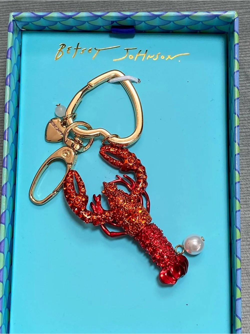Betsey Johnson Red Crystal GlitterLobster Keychain NIB with Pearl Accent, gold